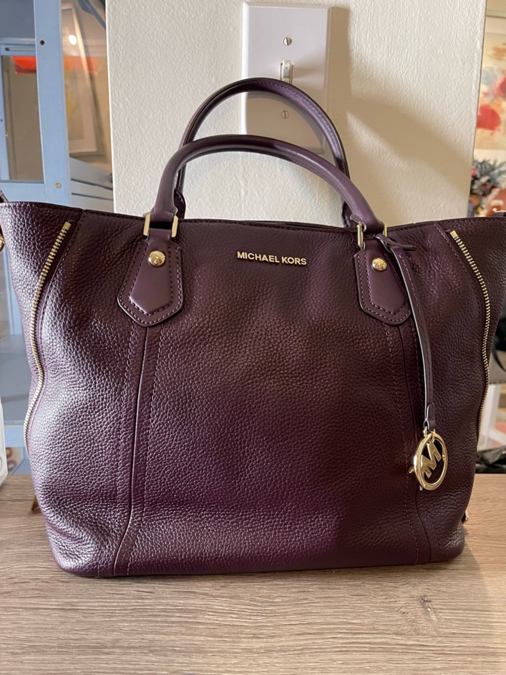 Michael Kors Deep Plum Pebbled Leather Tote with Gold Hardware